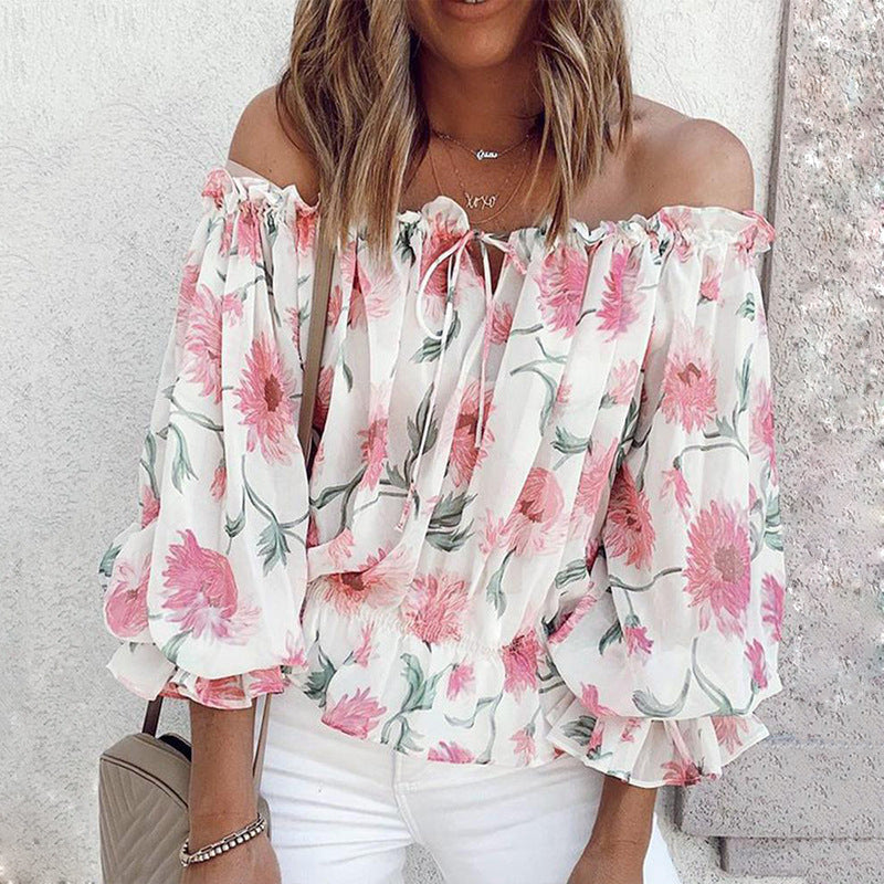 Damen Off-Shoulder Bluse mit floralen Mustern und Rüschendetails EB