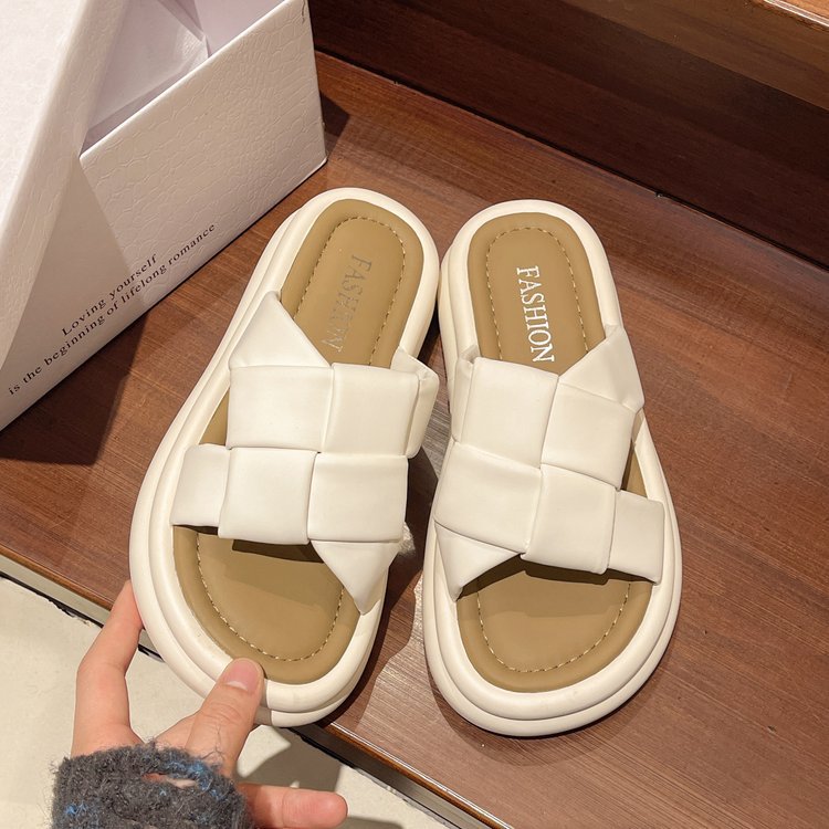 Damen flache Pantoletten mit geflochtenem Riemendesign und rutschfester Sohle EB