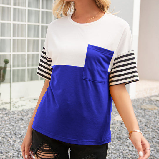 Damen modisches T-Shirt mit gestreiften Ärmeln und aufgesetzter Tasche EB