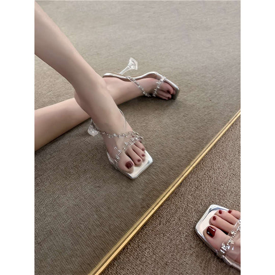 Damen Glamouröse High Heel Sandalen mit transparentem Riemendesign und Strassverzierungen EB