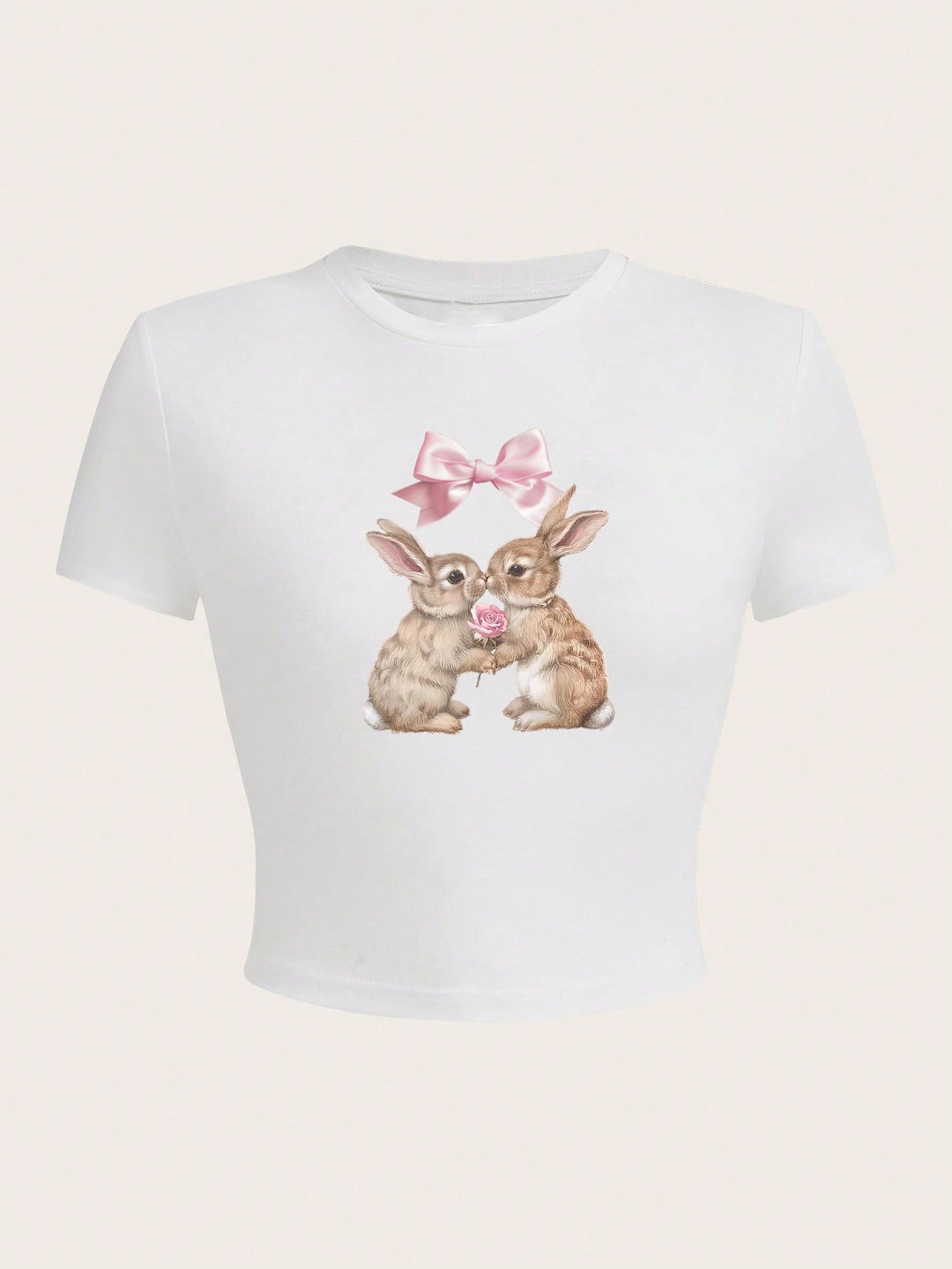 Damen Crop-Top mit entzückendem Kaninchenmotiv und Schleifendruck EB