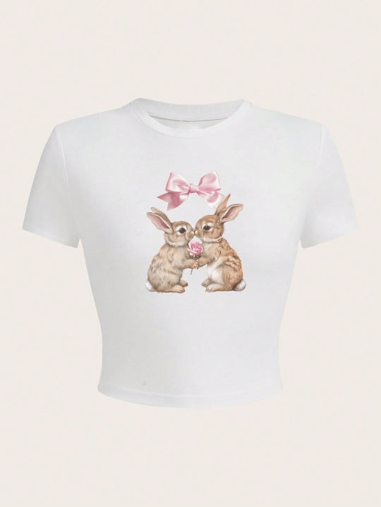 Damen Crop-Top mit entzückendem Kaninchenmotiv und Schleifendruck EB