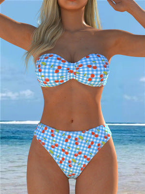 Damen Bandeau-Bikini mit verspieltem Karomuster und fruchtigem Print EB