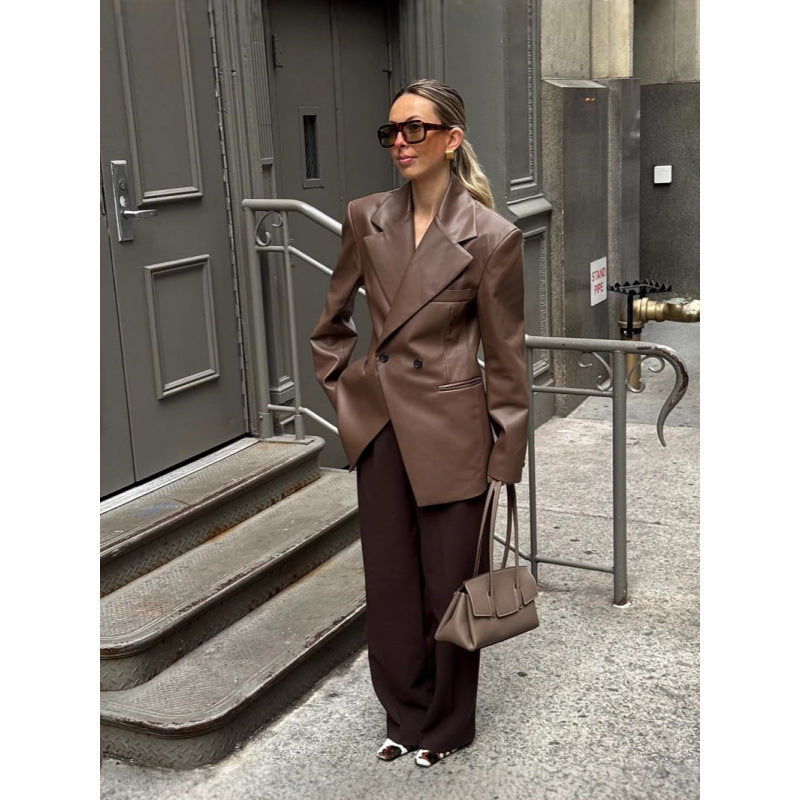 Damen Oversized Blazer aus hochwertigem Kunstleder mit doppelter Knopfverschluss EB