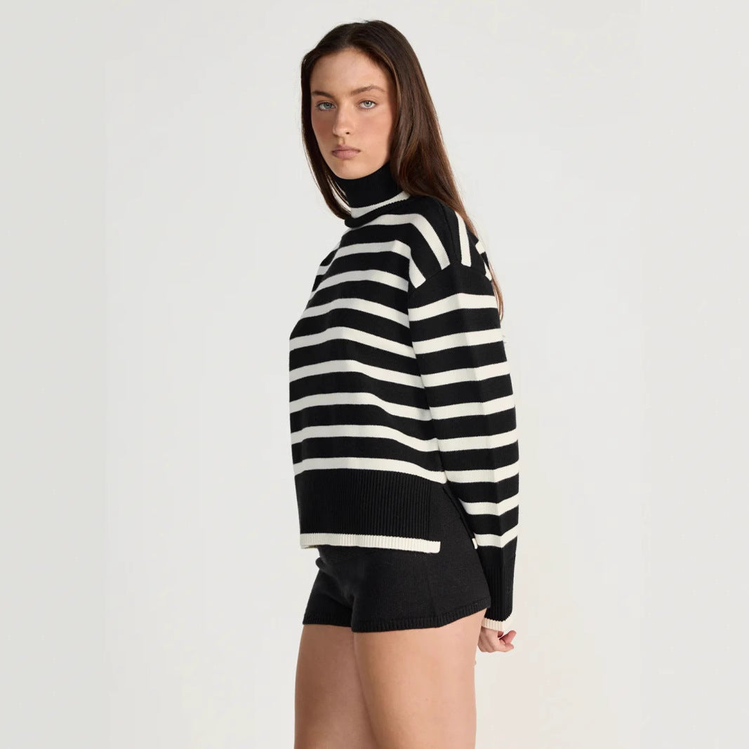 Damen gestreifter Rollkragenpullover mit lässigem Schnitt EB