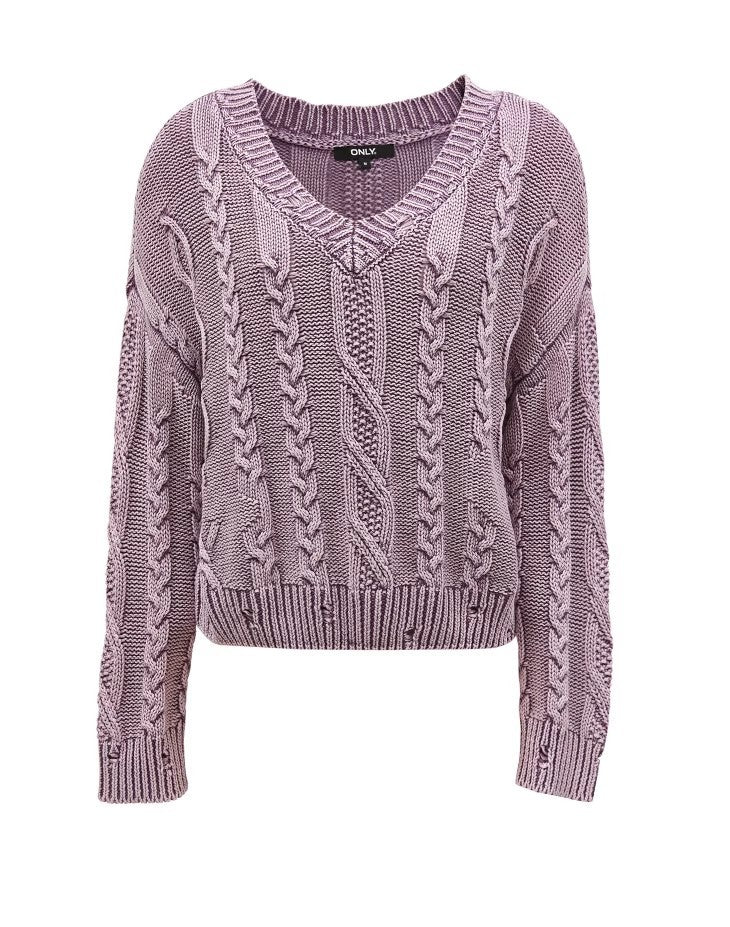 Damen Grob gestrickter Pullover mit V-Ausschnitt und voluminösen Ärmeln EB