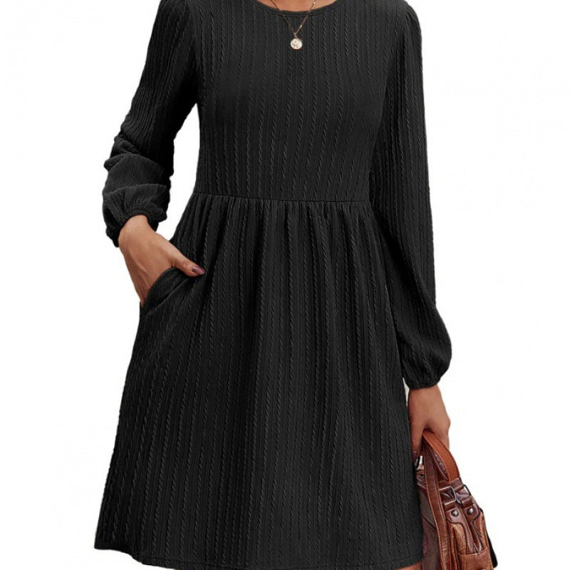 Damen Rippstrick A-Linien Kleid mit Puffärmeln EB