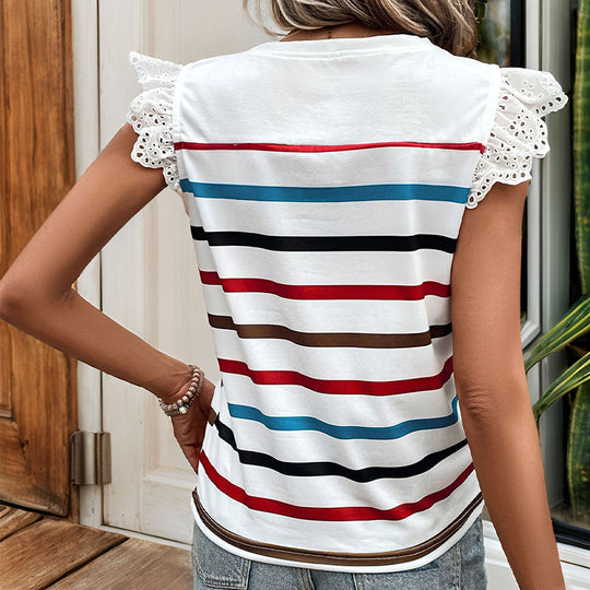 Damen T-Shirt mit Spitzenärmeln und gestreiftem Design EB
