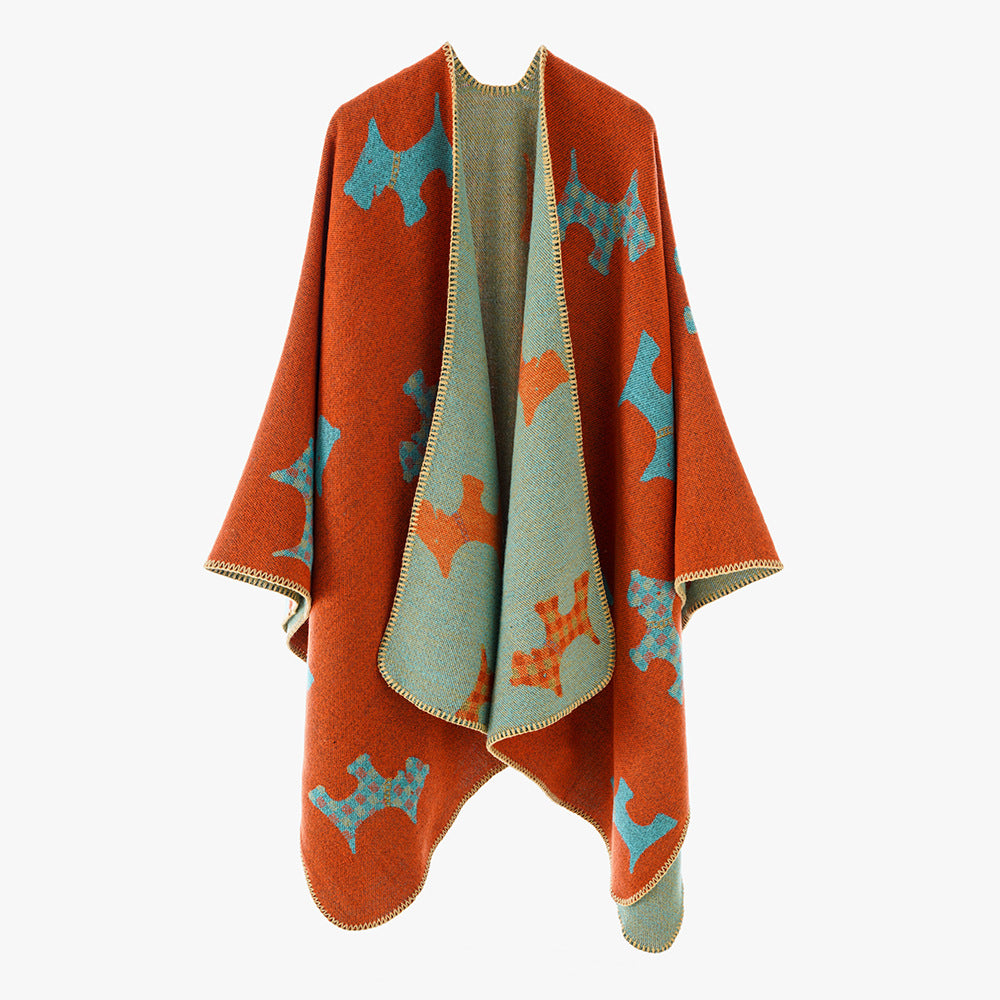 Damen Reversibler Wollmix-Umhang mit Terrier-Jacquardmuster EB