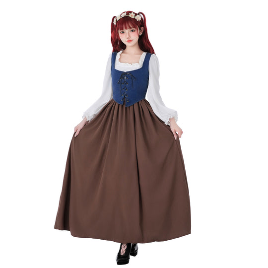 Damen nan mittelalterliches Dirndlkleid mit Schnürmieder, weiten Rüschenärmeln und bodenlangem Rock EB