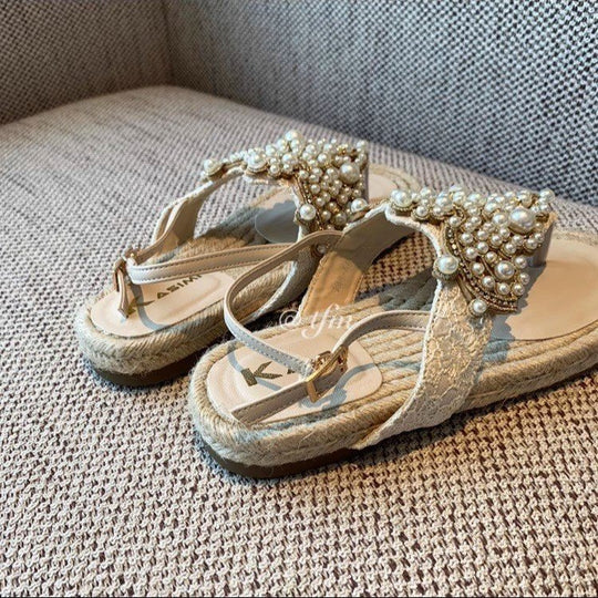 Damen elegante Flip-Flops mit dekorativen Perlenapplikationen EB