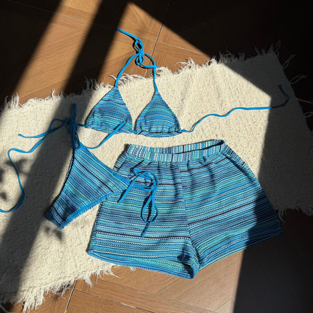 Damen Zweiteiliges Strand-Bikini-Set mit verspielt gestreiftem Oberteil und Shorts EB
