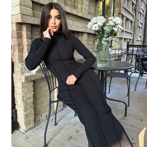 Damen figurbetontes Maxikleid mit schmalem Saum und langen Ärmeln EB