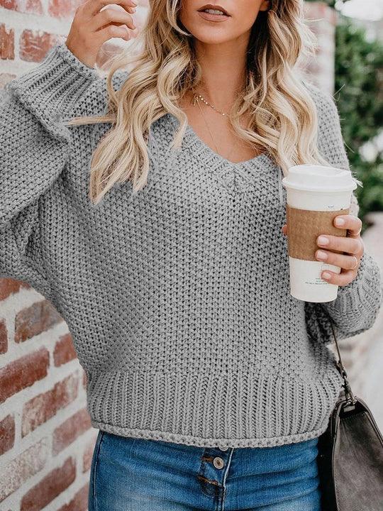 Damen lässiger V-Ausschnitt Pullover mit lockerem Schnitt und strukturiertem Strick EB