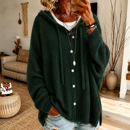 Damen Kapuzen-Cardigan aus strukturiertem Feinstrick mit Knopfleiste EB