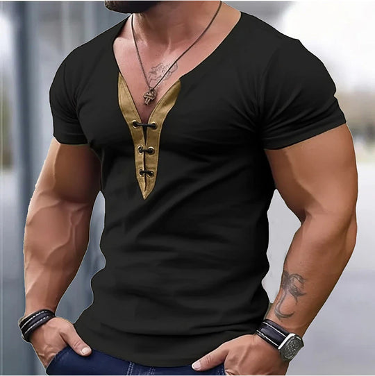 Herren trendiges V-Ausschnitt T-Shirt mit Knopfleiste EB