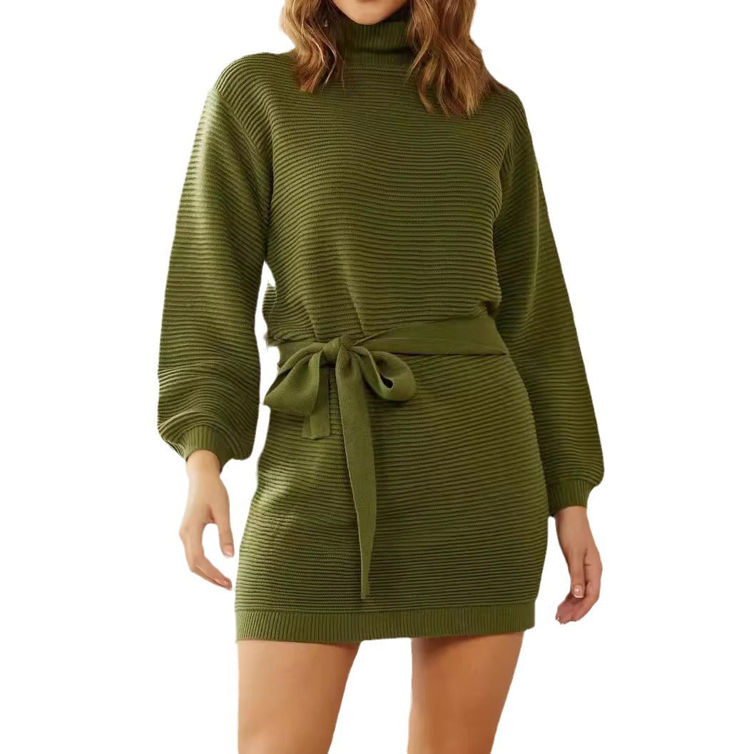Damen Strickkleid mit Rollkragen und Taillengürtel EB