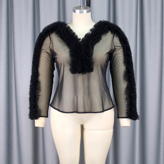 Damen Elegante transparente Bluse mit rüschenverzierten Ärmeln EB