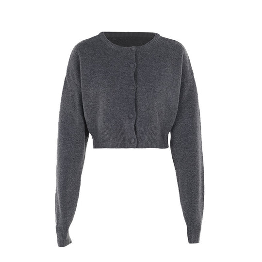 Damen Kurzer Strickpullover mit Rundhalsausschnitt und Knopfverschluss EB