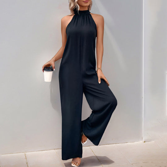Damen eleganter Jumpsuit mit hohem Kragen und weitem Bein EB