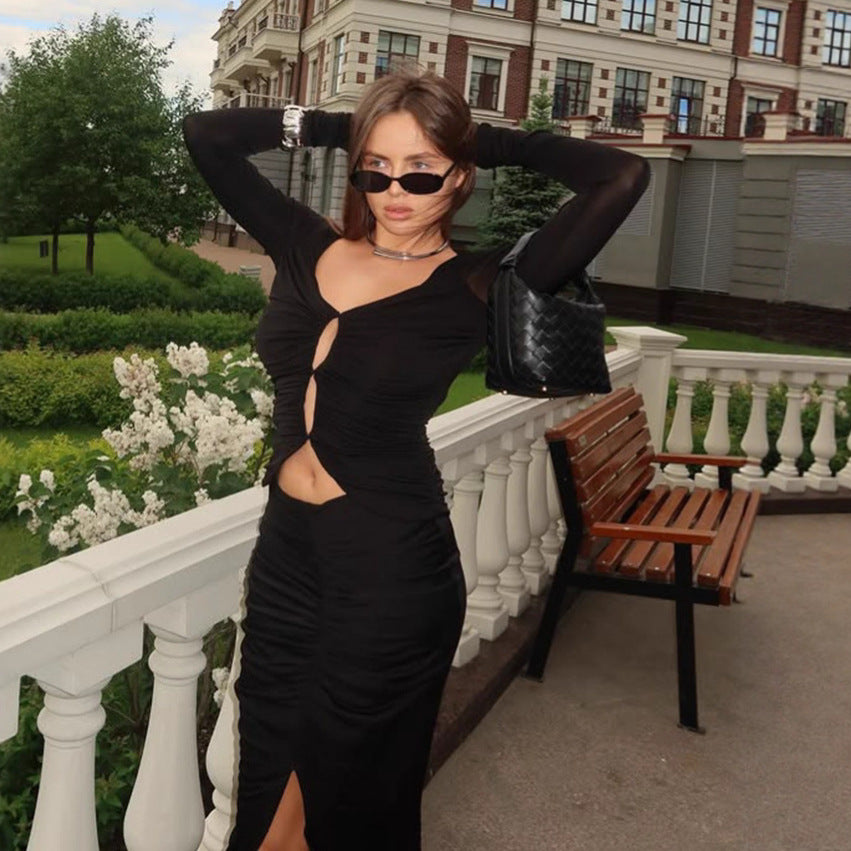 Damen elegante und figurbetonte Midi-Kleid mit Schlüsselloch-Ausschnitt EB