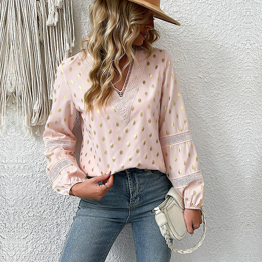 Damen Bluse mit V-Ausschnitt und feinem Lochmuster EB
