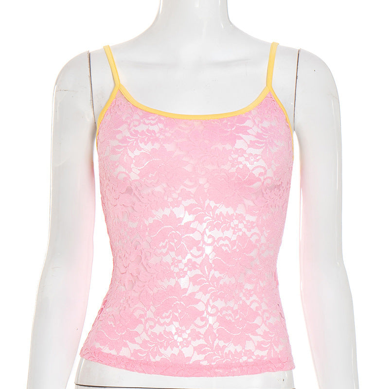 Damen Spitzen Trägershirt mit dekorativem Farbkontrast EB