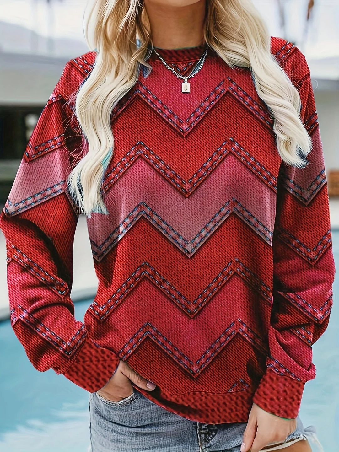 Damen Sweatshirt mit markantem Denim-Zickzack-Muster EB