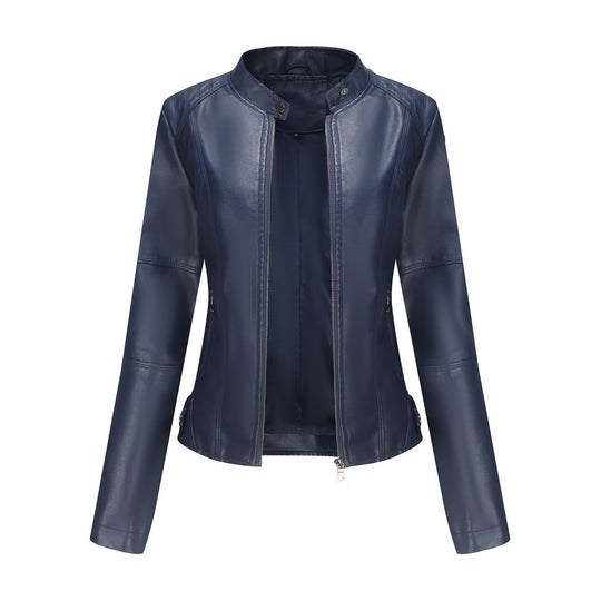 Damen nan taillierte Kunstlederjacke mit Stehkragen und durchgehendem Reißverschluss EB