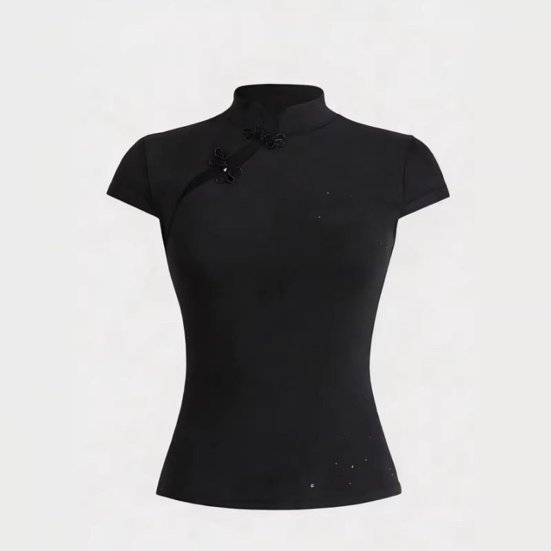 Damen Chinesisch inspirierte Bluse mit modernem Stehkragen und floralen Details EB