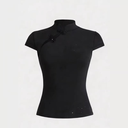 Damen Chinesisch inspirierte Bluse mit modernem Stehkragen und floralen Details EB