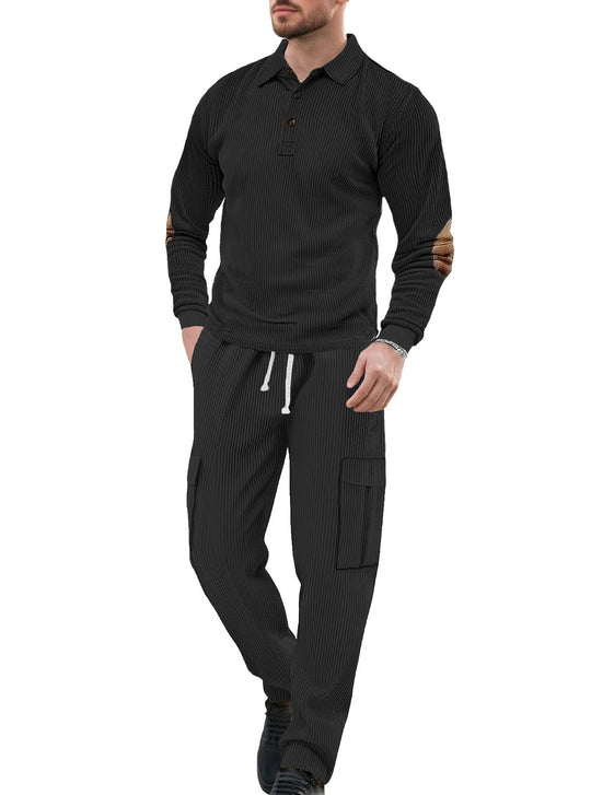 Herren nan geripptes Lounge-Set mit Polokragen Ellenbogenpatches und Cargohose EB