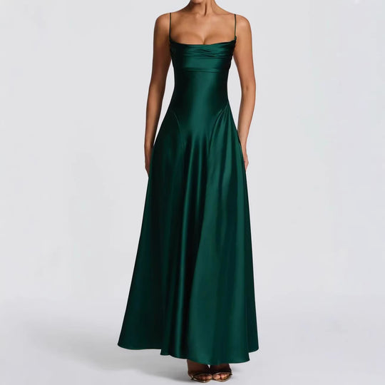 Damen Elegantes Maxi-Kleid mit fließendem Satin und verführerischem Spaghettiträger EB