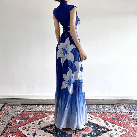 Damen Maxikleid mit floralem Design und elegantem Stehkragen EB