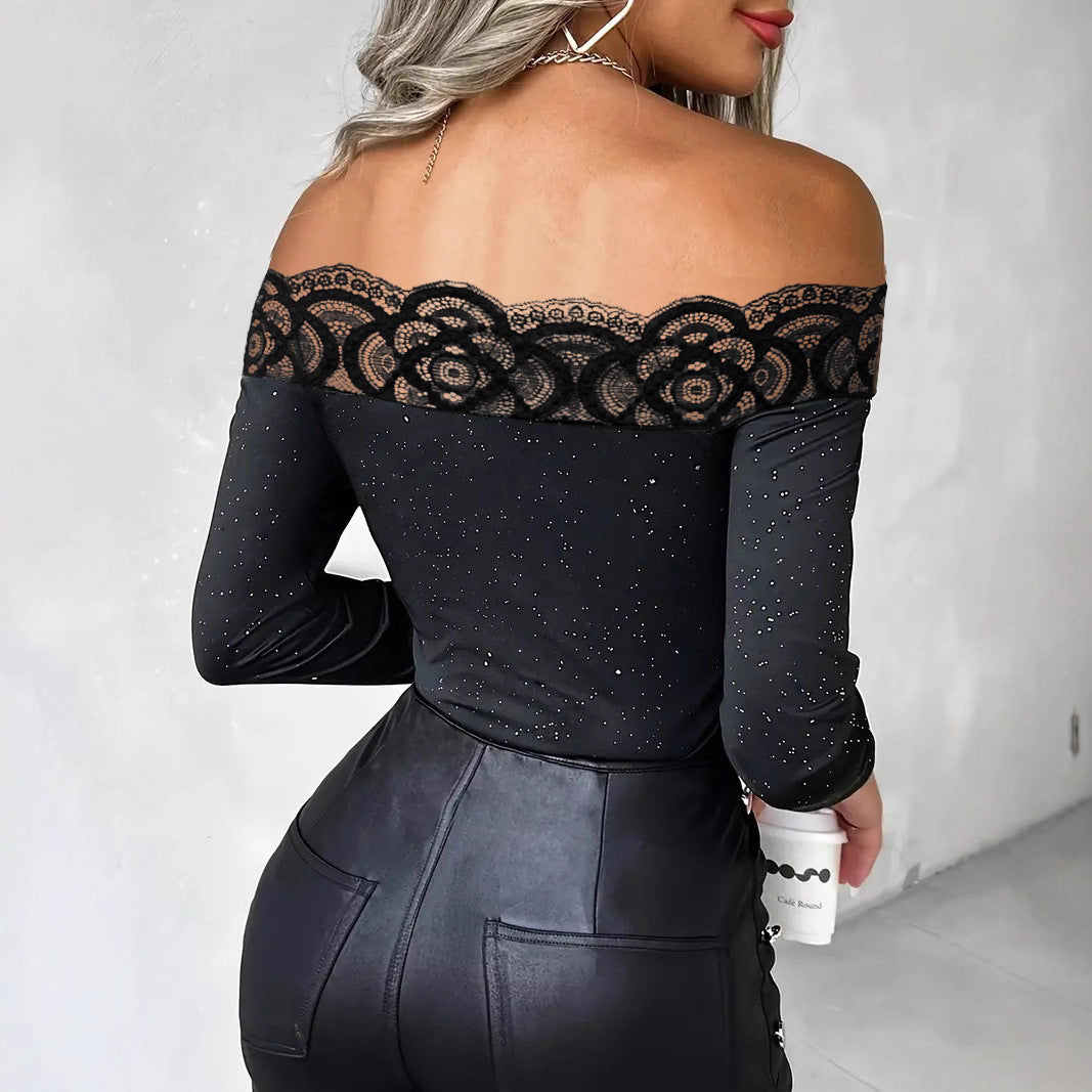 Damen Oberteil mit transparentem Spitzenbesatz und modischem Galaxie-Design EB