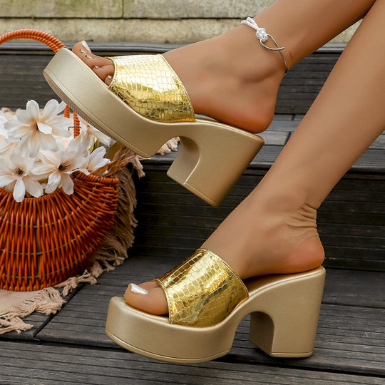 Damen Plateau-Pantoletten mit glänzender Krokodilprägung EB