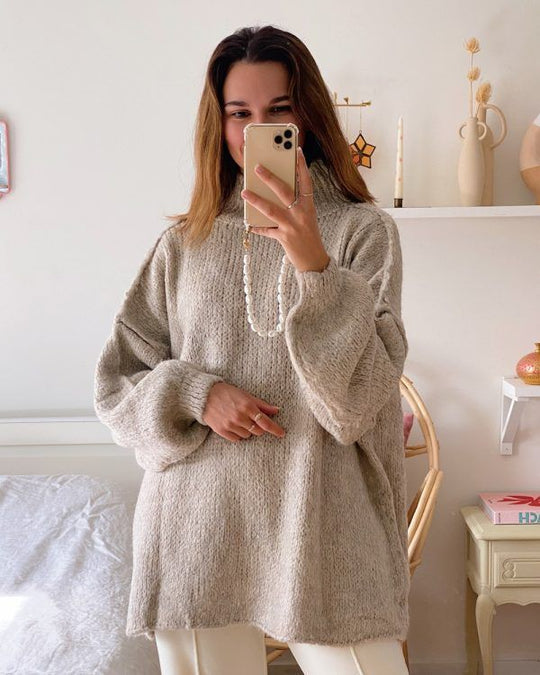 Damen lässiger Oversize Pullover mit hohen Ärmeln und unkonventionellem Schnitt EB