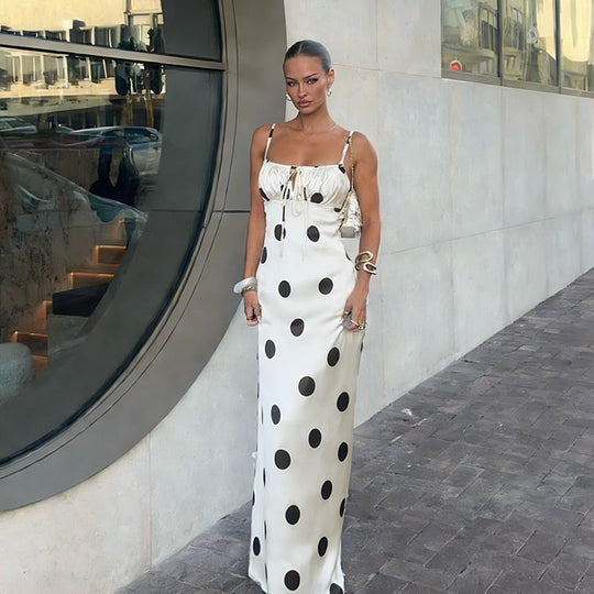 Damen Maxikleid mit verspieltem Punktmuster und raffiniertem Trägerschnitt EB