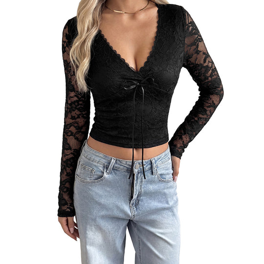 Damen Enganliegendes Spitzen-Cropped-Top mit V-Ausschnitt und Bindeband EB