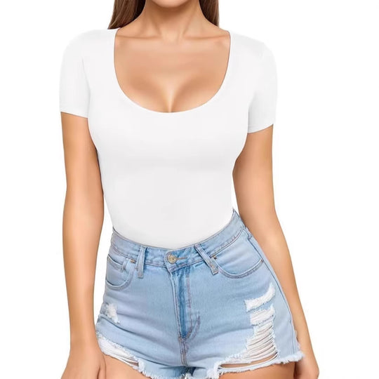 Damen figurbetontes Kurzarm-Body mit rundem Ausschnitt und nahtlosem Design EB