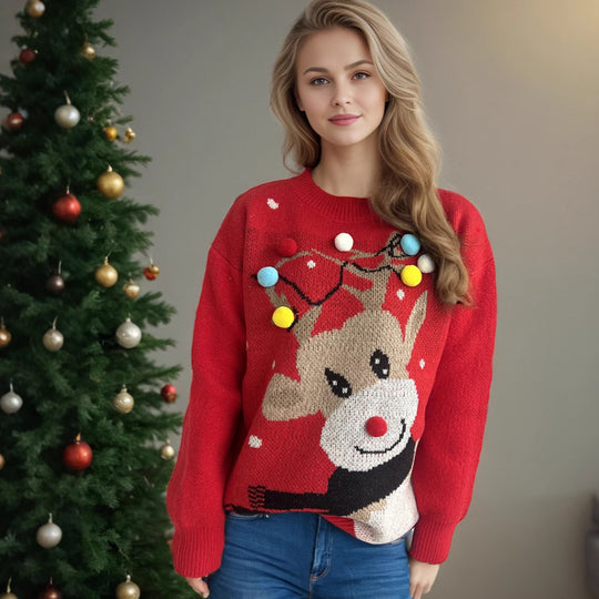 Damen weihnachtlicher Pullover mit einzigartigem Rentiermotiv und bunten Applikationen EB