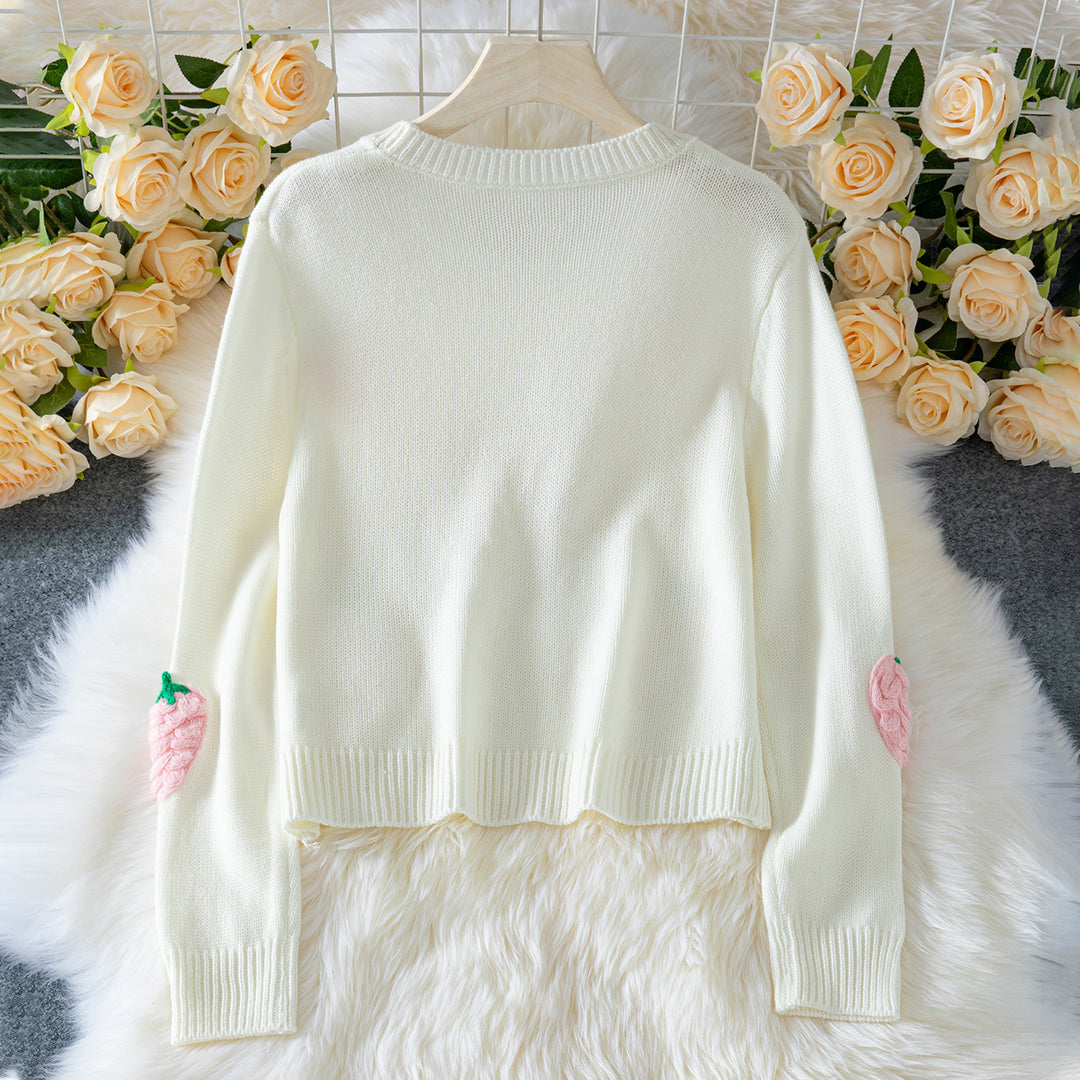 Damen Strickpullover mit Erdbeer-Applikationen und lässigem Schnitt EB