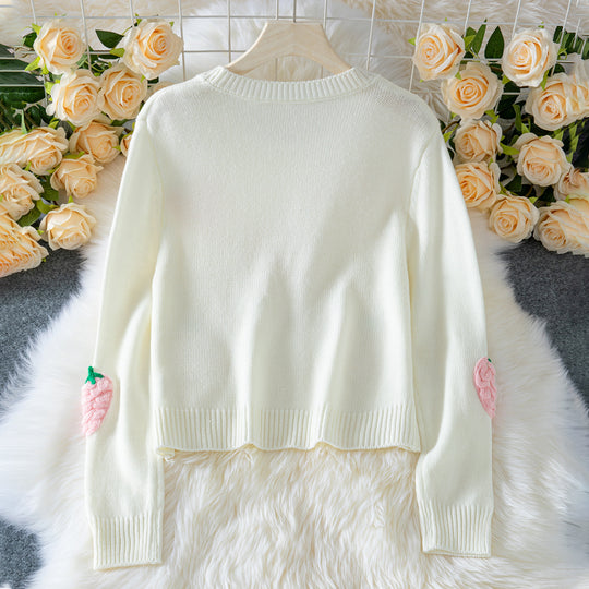 Damen Strickpullover mit Erdbeer-Applikationen und lässigem Schnitt EB