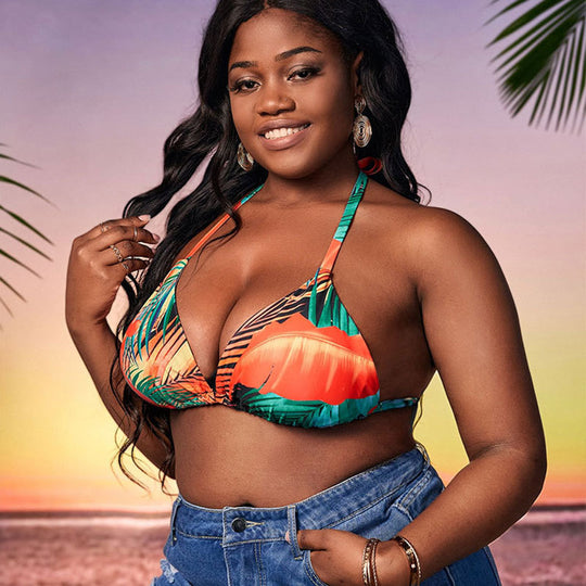 Damen Triangel-Bikini mit tropischem Blattmuster und bindenbaren Trägern EB