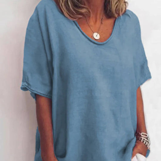 Damen nan weit geschnittenes Leinenmix-Relaxshirt mit Rundhalsausschnitt, überschnittenen Ärmeln und seitlichen Schlitzen EB