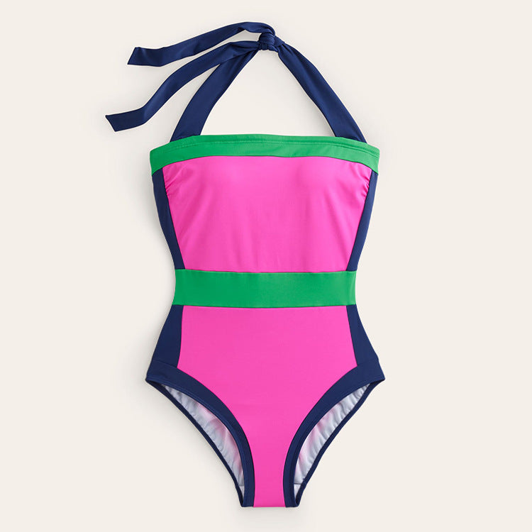 Damen High-Waist Einteiler Badeanzug mit modernem Schnitt und verspielten Farbblockelementen EB