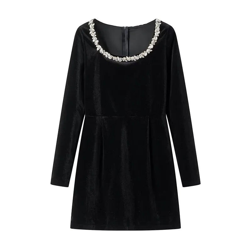 Damen elegant geschnittenes Langarmkleid mit verziertem Ausschnitt EB