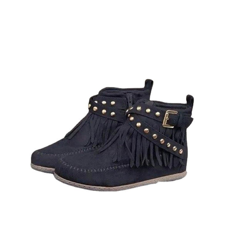 Damen Mokassin Stiefeletten mit modischen Fransen und dekorativen Nieten EB