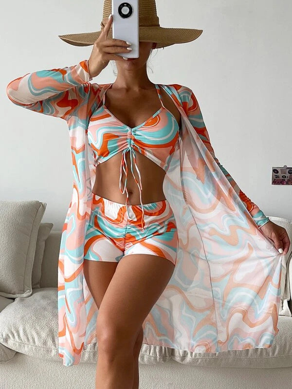 Damen Bikiniset mit floralem Oberteil und luftiger Wickeljacke EB