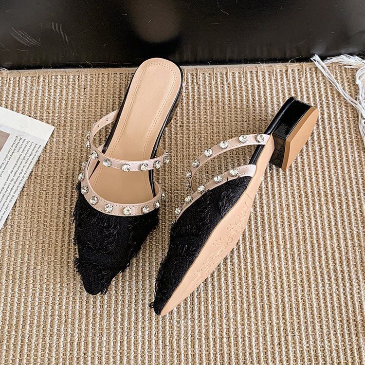 Damen elegante Mules mit schimmerndem Riemen und Fransen EB